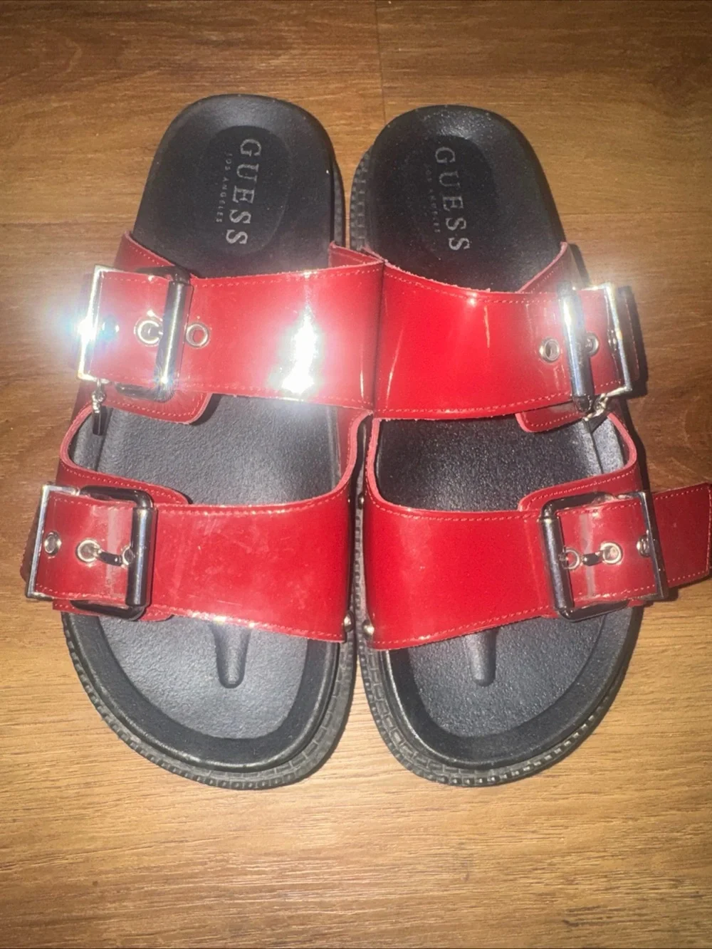 Guess Chunky Sandals Womens 5.5 Strappy Buckle Patent Leather Dark Red Romantic
